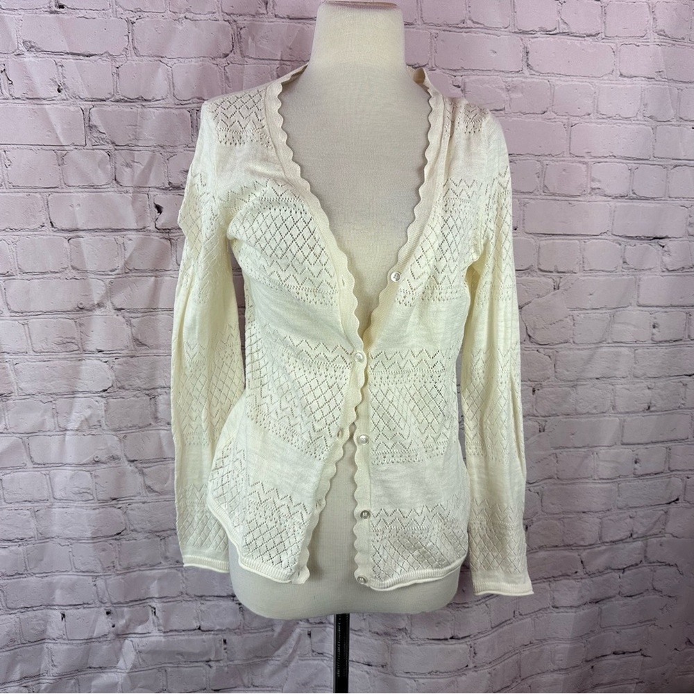 Frye Cream Womens S lightweight cotton cardigan Sweater scallop boho coquette